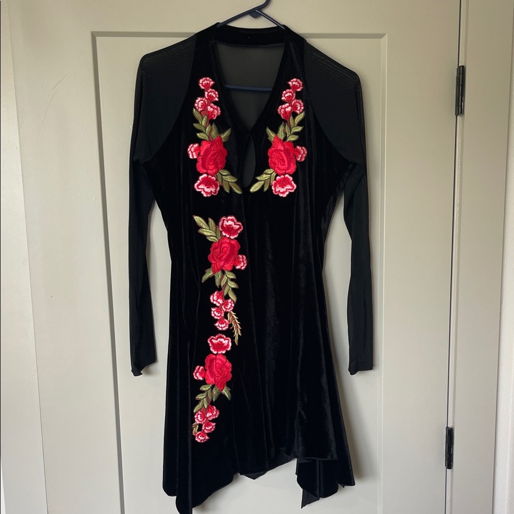 Dance dress. Elegant Black Dress with Red Floral Embroidery. Velvet feel.